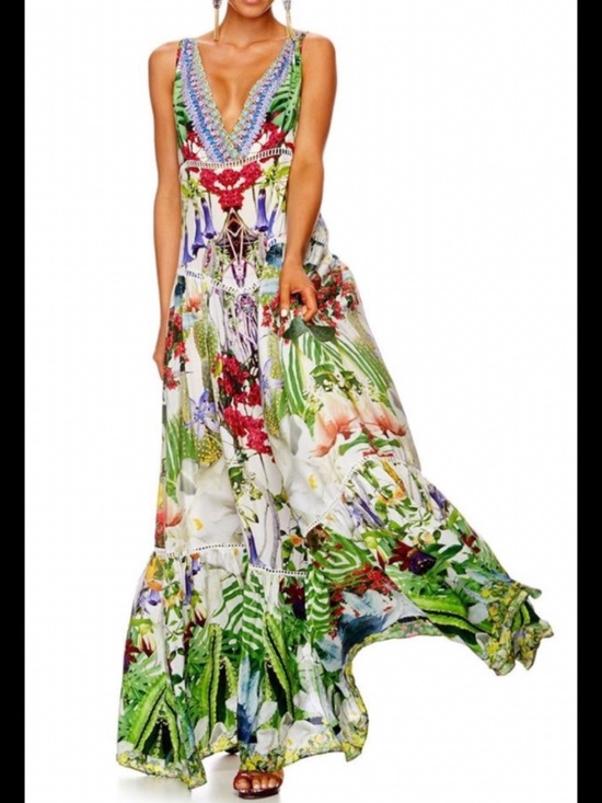 Camilla Dresses & Skirts - Camilla Tiered Gathered Dress in Exotic Hypnotic silk tropical floral crystal